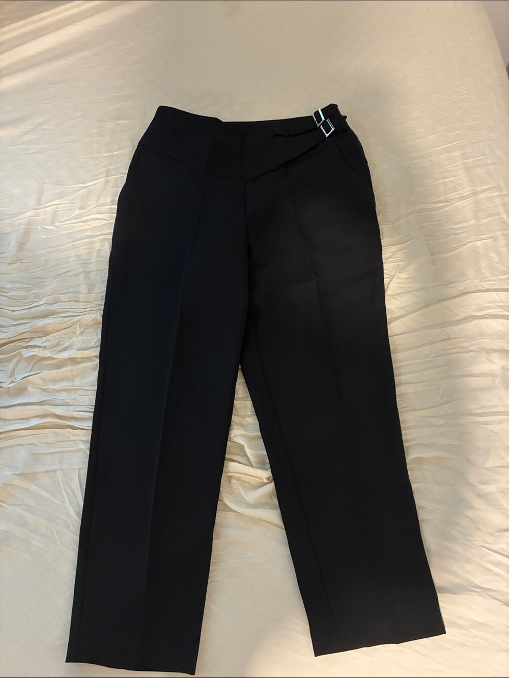 High-Rise Black Wide-Leg Trousers with Side Buckle